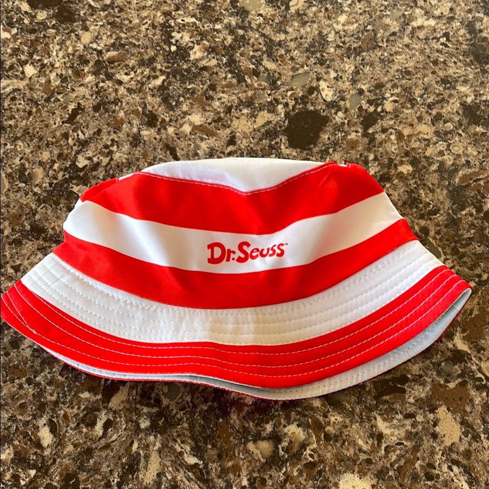Red and White Striped Bucket Hat with Dr. Seuss Design
